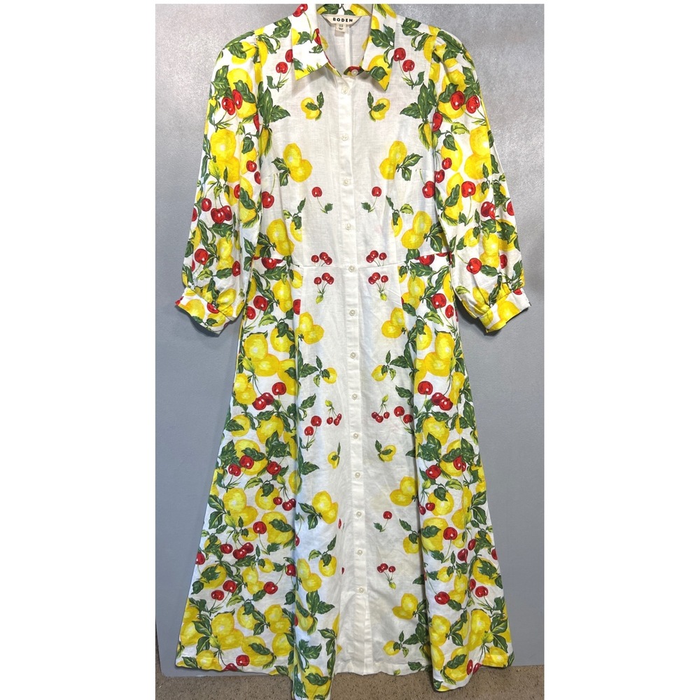 Boden Clara Linen Cotton Fruit Print Maxi Shirt Dress Lemon Cherry White Size 4